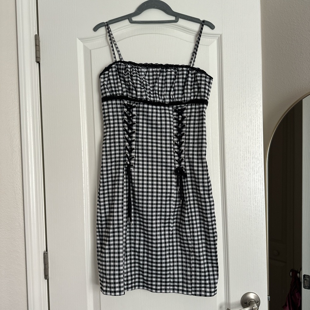 Betsey Johnson Black and White Gingham Lace-Up Midi Dress